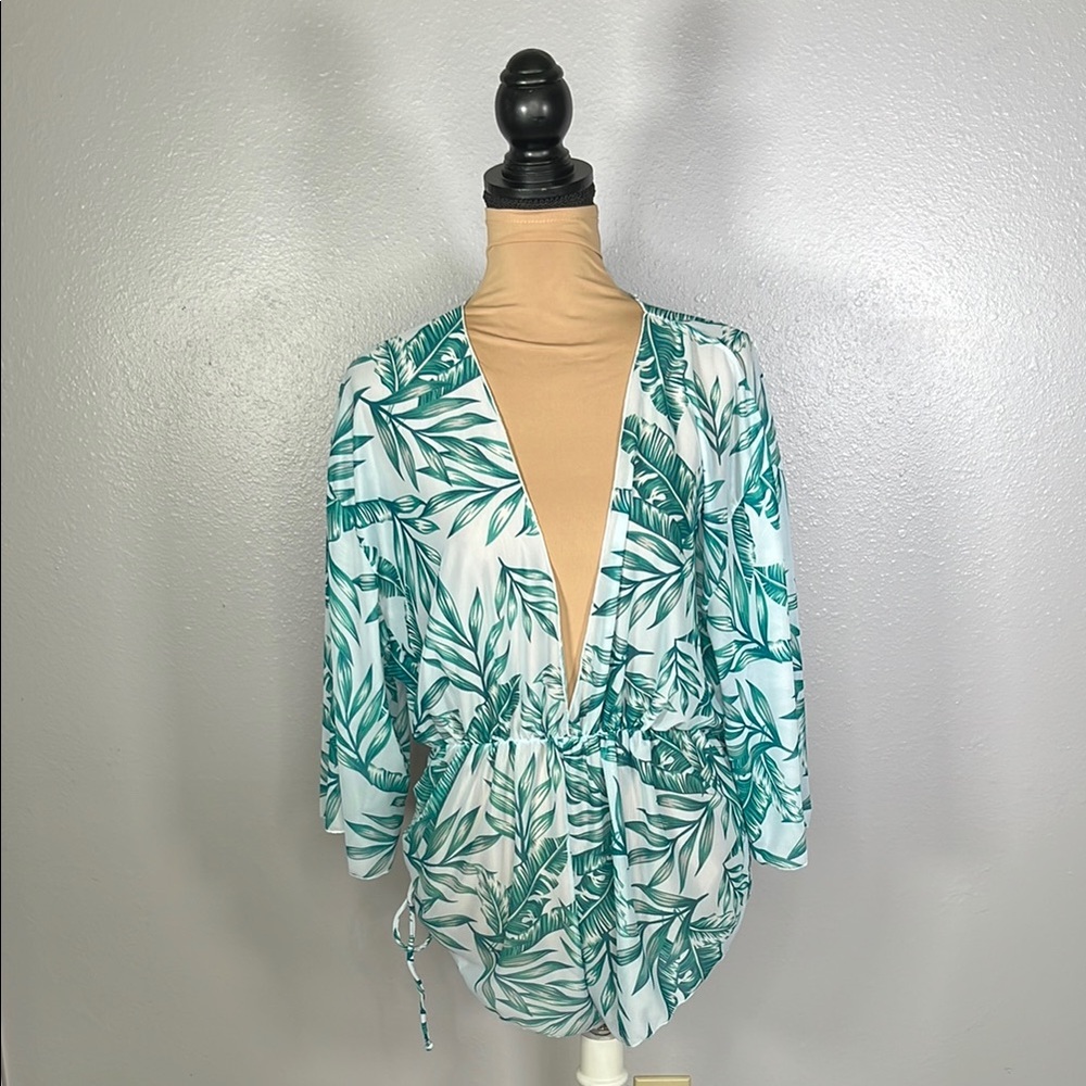 tropical leaf print mesh plunge swimsuit cover up romper L | Miami resortwear - Picture 2 of 9